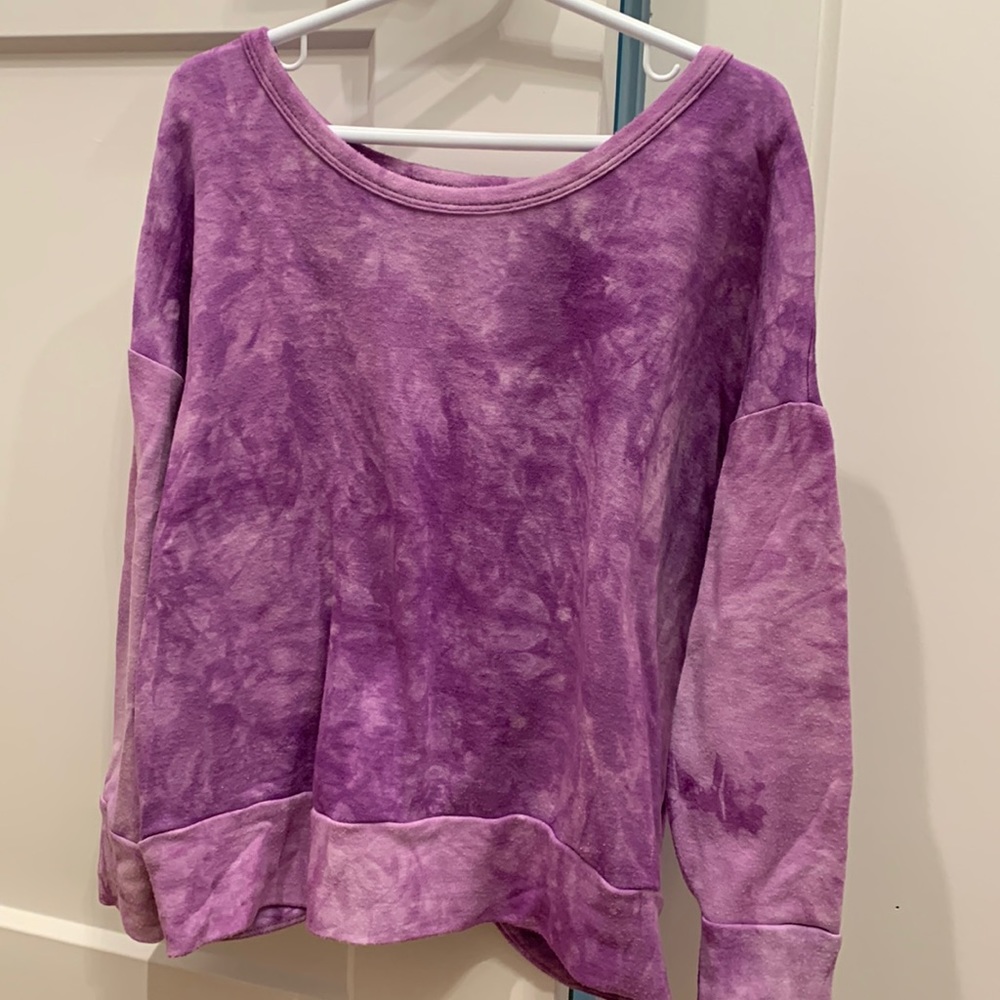 Walking on Sunshine purple lightweight sweatshirt with open back.